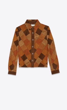 SAINT LAURENT Leather Shirts Woman Patchwork shirt jacket in bourbon and coffee suede a_V4